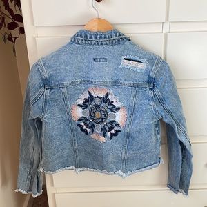 Bebe cropped destroyed detail denim jacket